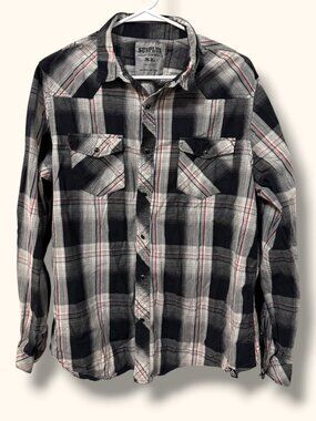 Surplus Button Up Shirt Mens XL Black Gray Plaid Pearl Snap  Western Casual